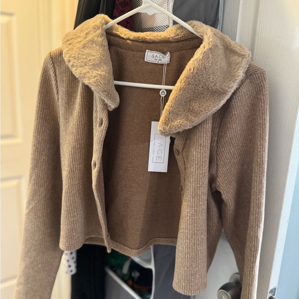 Sage Tan Knit Cardigan with Plush Collar